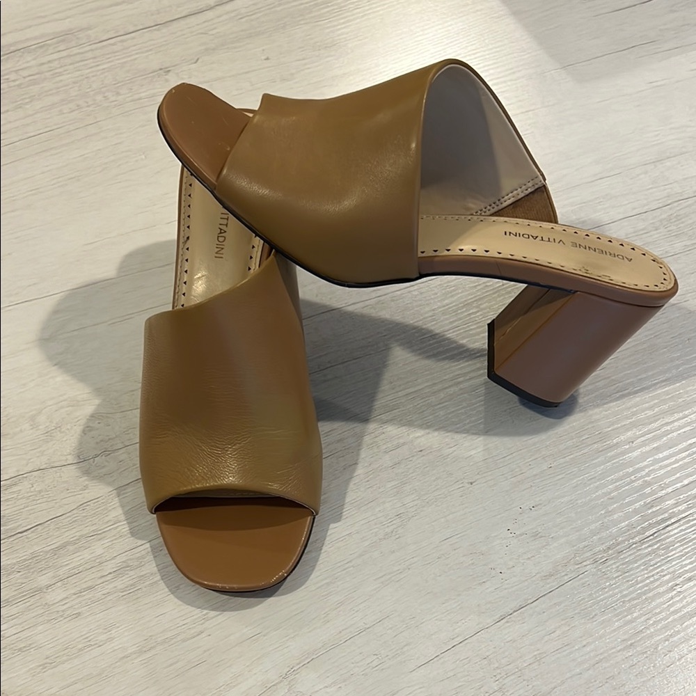 Adrienne Vittadini Tan Mules with Chunky Heel and Open Toe